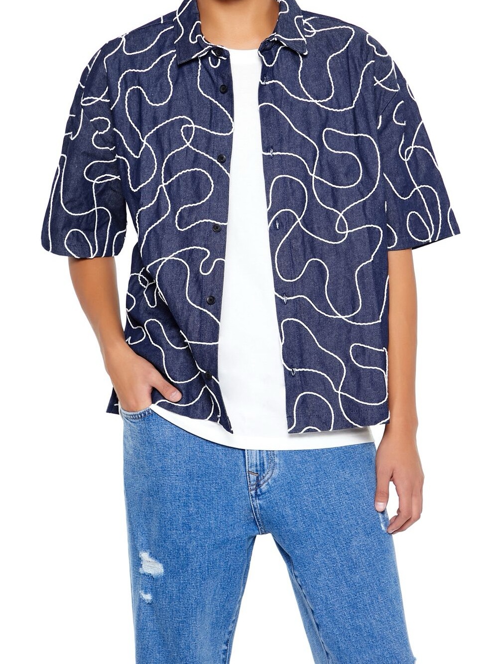Forever 21 Navy Short-Sleeve Button-Up with White Swirl Print